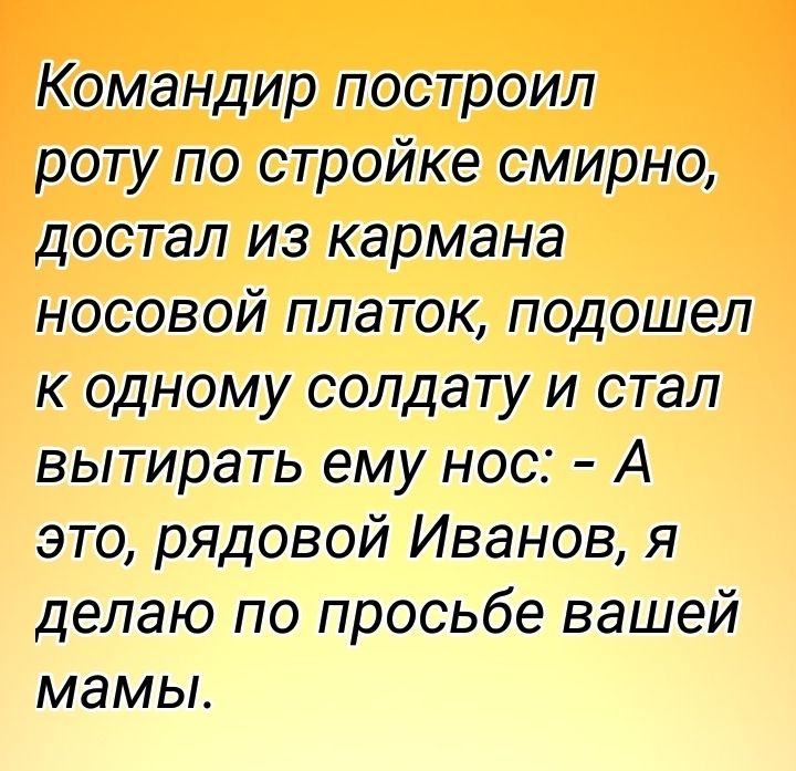 Командир построил роту по стройке смирно достал из кармана носовой платок подошел к одному солдату и стал вытирать ему нос А это рядовой Иванов я делаю по просьбе вашей мамы