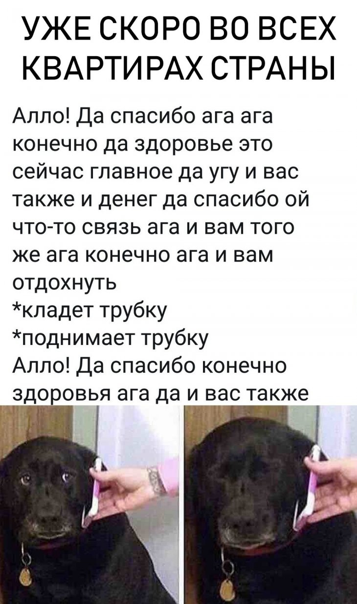 УЖЕ СКОРО ВО ВСЕХ КВАРТИ РАХ СТРАНЫ Алло Да спасибо ага ага конечно да здоровье это сейчас главное да угу и вас также и денег да спасибо ой что то связь ага и вам того же ага конечно ага и вам отдохнуть кладет трубку поднимает трубку Алло Да спасибо конечно __едмрвья ага да него также 1