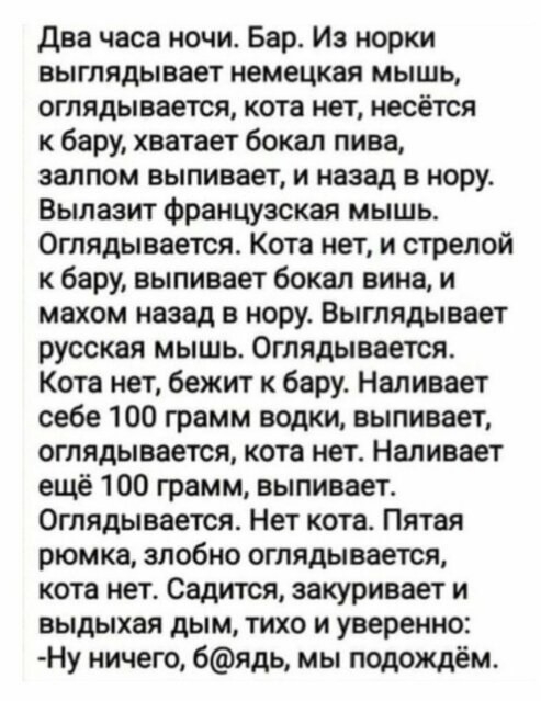два часа ночи Бар Из норки выглядывает немецкая мышь оглядывается кота нет несётся к бару хватает бокал пива залпом выпивает и назад в нору Вылазит французская мышь Оглядывается Кота нет и стрелой к бару выпивает бокал вина и махом назад в нору Выглядывает русская мышь Оглядывается Кота нет бежит к бару Наливает себе 100 грамм водки выпивает оглядывается кота нет Наливает ещё 100 грамм выпивает Ог