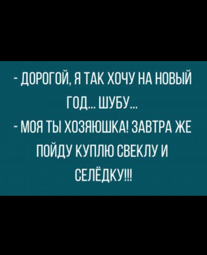 ДОРОГОЙ Я ТАК ХОЧУ НА НОВЫЙ ГОД ШУБУ МОЯ ТЫ ХОЗЯЮШКА ЗАВТРА ЖЕ ПОЙДУ КУПЛЮ ОВЕКЛУ И ОЕЛЁЦКУ