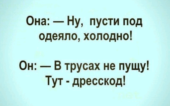 Она Ну пусти под одеяло холодно Он В трусах не пущу Тут дресскод