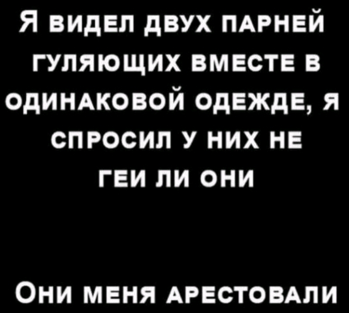 Я видел двух ПАРНЕЙ гуляющих вместе в одимковой одежде я спросил у них не геи ли они ОНИ МЕНЯ АРЕСТОВАЛИ