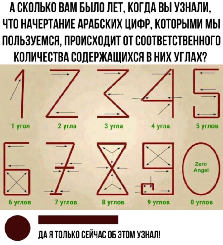 А СКОЛЬКО ВАМ БЫЛО ЛЕТ КОГДА ВЫ УЗНАЛИ ЧТО НАЧЕРТАНИЕ АРАБСКИХ ЦИФР КОТОРЫМИ МЫ ПОЛЬЗУЕМСЛ ПРОИСХОДИТ ОТ СООТВЕТСТВЕННОГ О КОЛИЧЕСТВА СОДЕРЖАЩИХСЯ В НИХ УГЛАХ 42345 угол 2 угла 3 угла 4 угла 5 угли 6 унии 7 ути уто 9 углов о уто _ ЛА Я ТОЛЬКО СЕЙЧАС ОБ ЭТОМ УЗНАЛ