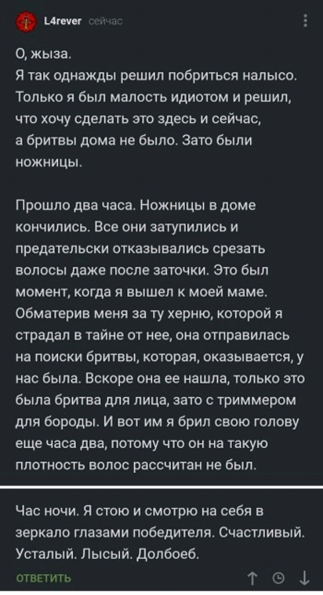 ити О жыза Я так однажды решил побриться налысо Только я был малость идиотом и решил что хочу сделать это здесь и сейчас а бритвы дома не было Зато были ножницы Прошло два часа Ножницы в доме кончились Все они затупились и предательски отказывались срезать волосы даже после заточки Это был момент когда я вышел к моей маме Обматерив меня за ту херню которой я страдал в тайне от нее она отправилась 