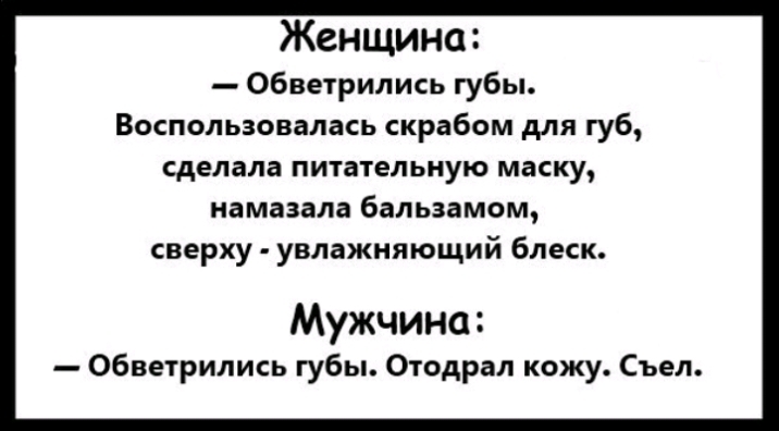 Женщина Обветрипись губы Воспользовалась скрабом для губ сделала питательную маску намазала бальзамом сверху увлажняющий блеск Мужчина Обветрились губы Отодрал кожу Съел