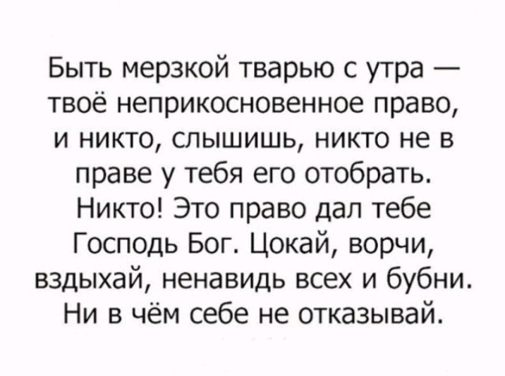 Быть мерзкой тварью с утра твоё неприкосновенное право и никто слышишь никто не в праве у тебя его отобрать Никто Это право дал тебе Господь Бог Цокай ворчи вздыхай ненавидь всех и бубни Ни в чём себе не отказывай