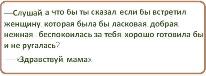 Слушай а что бы ты сказал если бы встретил женщину которая была бы ласковая добрая нежная беспокоилась за тебя хорошо готовила бы и не ругалась Здравствуй мама