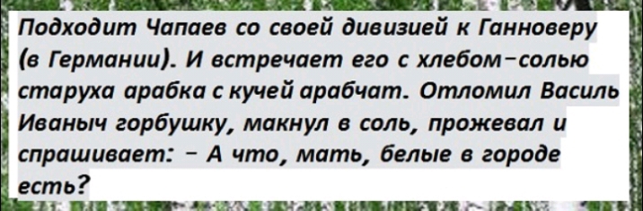 Е Я Подходит Чапаев со своей дивизией и Г анноверу в Германии И встречает его с хлебом солью старуха арабка с кучей арабчат Отломил Василь Иваныч горбушку макнул в соль прожевал и спрашивает А что мать белые в городе есть 10 ЮЁЗЪЕ ЩШКЁПШП