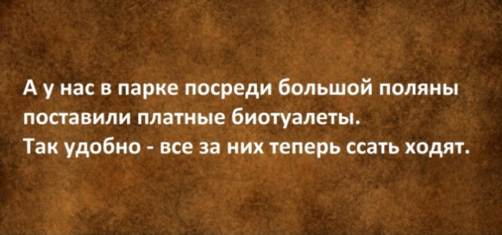 А у нас в парке посреди большой поляны поставили платные биотуалеты Так удобно все за них теперь ссать ходят