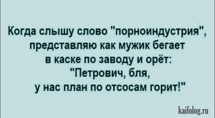 Когда слышу слово порноиндустрия представляю как мужик бегает в каске по заводу и орёт Петрович бля у нас план по отсосам горит Ъаііоіодш
