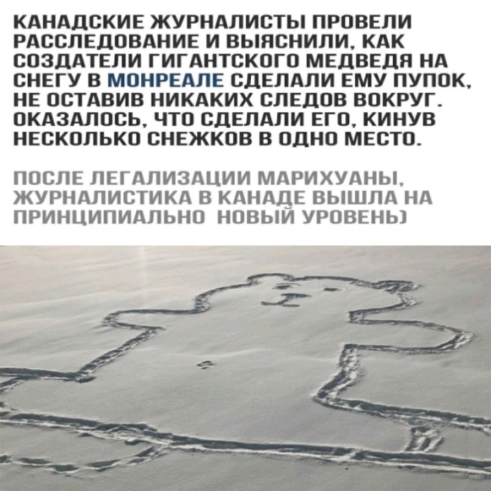 КАНАДСКИЕ ЖУРНАЛИСТЫ ПРОВЕЛИ РАССЛЕДОВАНИЕ И ВЫЯСНИЛИ КАК СОЗДАТЕЛИ ГИГАНТСКОГО МЕДВЕДЯ НА СНЕГУ В МОНРЕАЛЕ СДЕЛАЛИ ЕМУ ПУПОК НЕ ОСТАВИВ НИКАКИХ СЛЕДОВ ВОКРУГ ОКАЗАЛОСЬ ЧТО СДЕЛАЛИ ЕГО КИНУВ НЕСКОЛЬКО СНЕЖКОВ В ОДНО МЕСТО ПОСЛЕ ЛЕГАЛИЗАЦИИ МАРИХУАНЫ ЖУРНАЛИСТИКА В КАНАДЕ ВЫШЛА НА ПРИНЦИПИАЛЬНО НОВЫИ УРОВЕНЬ