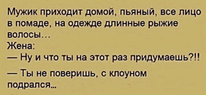 Мужик приходит домой пьяный все лицо В помаде на одежде ДЛИННЫЕ рыжие ВОЛОСЫ Жена Ну и что ты на этот раз придумаешь Ты не поверишь с клоуном подрался
