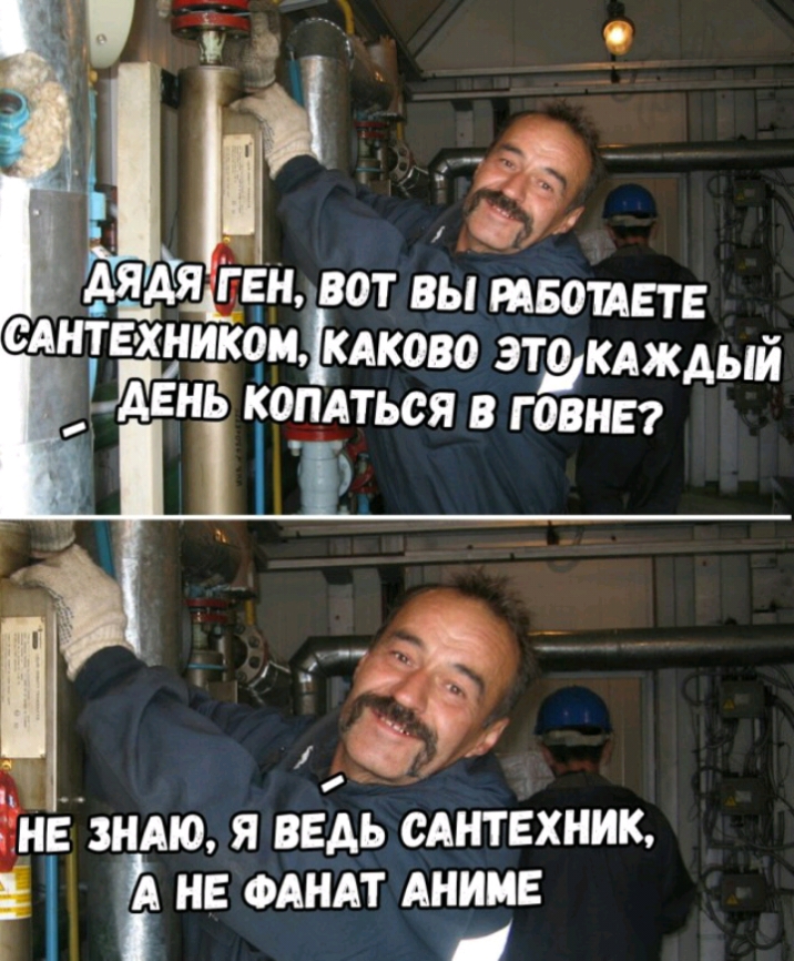 АЯАЯЕЕН ВОТ ВЫ ЩБОЩЕТЕ САНЁЁНИЧКОМ КАКОВО ЭТРКАЖАЫЙ ДЕНЬ КОПАТЬСЯ В Г ОВНЕ НЕ ЗНАЮ Я ВЕАЬ САНТЕХНИК нв ФАНАТ АНИМЕ