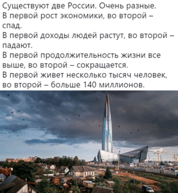 Существуют две России Очень разные В первой рост экономики во второй спад В первой доходы людей растут во второй падаю В первой продолжительность жизни все выше во второй сокращается В первой живет несколько тысяч человек во второй больше 140 миллионов