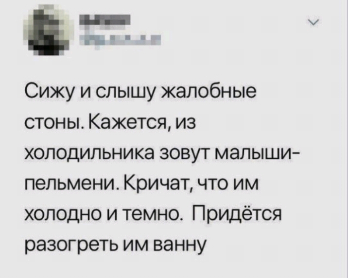 Сижу и слышу жалобные стоны Кажется из холодильника зовут малыши пельмени Кричат что им холодно и темно Придётся разогреть им ванну