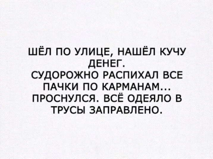 ШЁЛ по улице НАШЁЛ кучу денег судорожно РАСПИХАЛ все ПАЧКИ по КАРМАНАМ проснулся всЁ ОДЕЯЛО в трусы ЗАПРАВЛЕНО