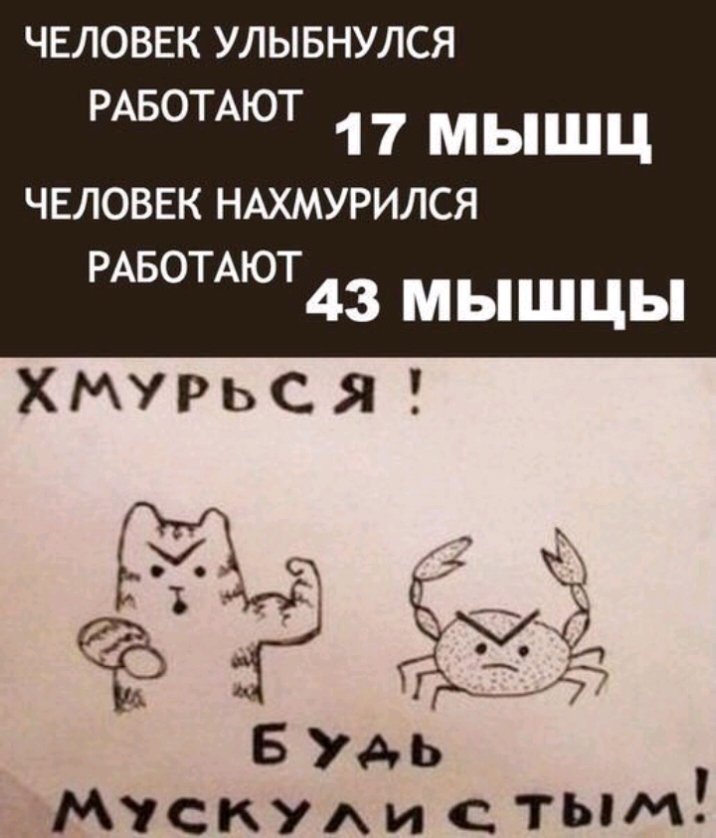 ЧЕЛОВЕК УЛЫБНУЛСЯ РАБОТАЮТ мышц чвловнк НАХМУРИЛСЯ РАБОТАЮТ 43 МЫШЦЫ Х МУ Р ь С Я ъ Т 3 БУАЬ Мусин с тым