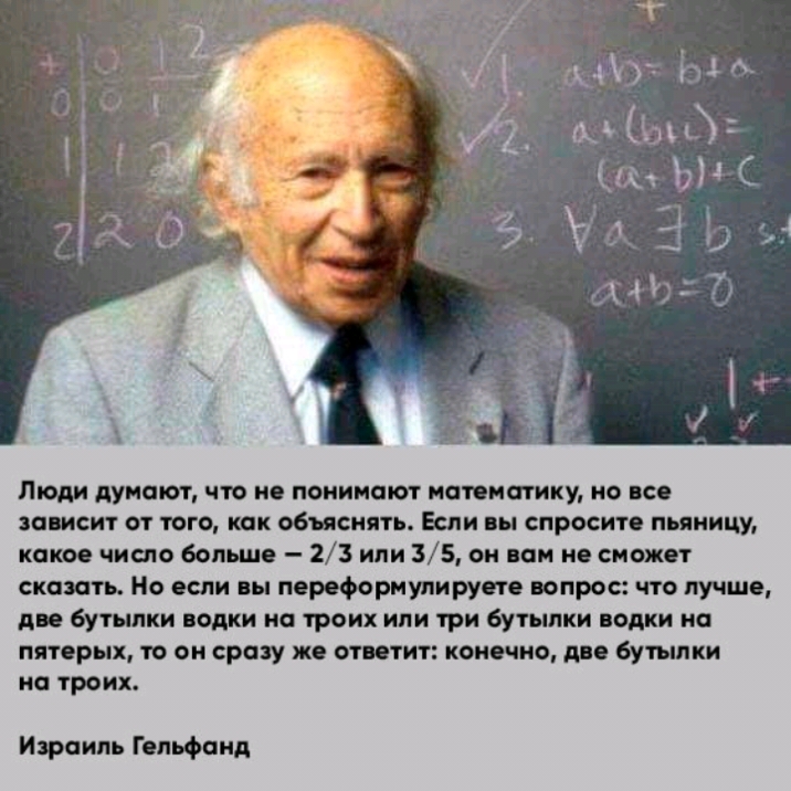 Люди думают что не понимают напитку но к яа исит от того как объяснять Если пы спросите пьяницу какое число большо 23 или 35 он им не сможет сказать Но если вы пороформупирут вопрос что лучше две бутылки водки на троих или три бутылки водки ип пятерых то он сразу же отитит помимо дп бутылки на троих Израиль Гопьфанд