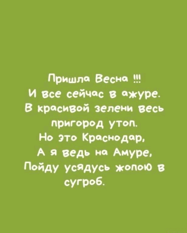 Пришло Весне И Все сейчас в шкуре В красивой зелени весь пригород утоп Но это Краснодар А я ведь на Амуре Пойду усядусь жопою сугроб
