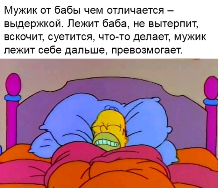 Мужик от бабы чем отличается выдержкой Лежит баба не вытерпит ВСКОЧИТ суетится ЧТО ТО делает МУЖИК лежит себе дальше превозмогает