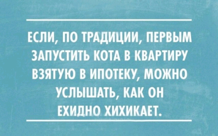 ЕСЛИ ПО ТРАДИЦИИ ПЕРВЫМ ЗАПУСТИТЪ КОТА В КВАРТИРУ ВЗЯТУЮ В ИПОТЕКУ МОЖНО УСЛЫШАТЬ КАК ОН ЕХИЦНО ХИХИКАЕТ