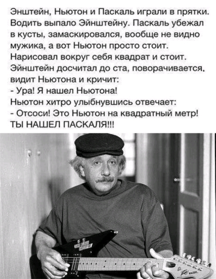Энштейн Ньютон и Паскаль играли в прятки Водить выпало Эйнштейну Паскаль убежал в кусты замаскировался вообще не видно мужика а вот Ньютон просто стоит Нарисовал вокруг себя квадрат и стоит Эйнштейн досчитал до ста поворачивается видит Ньютона и кричит Ура Я нашел Ньютона Ньютон хитро улыбнувшись отвечает Отсоси Это Ньютон на квадратный метр ТЫ НАШЕЛ ПАСКАЛЯ