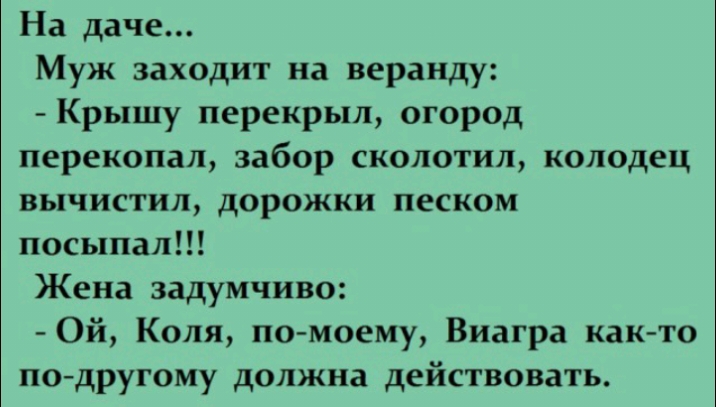 На даче Муж заходит на веранду Крышу перекрыл огород перекопал забор сколотил колодец вычистил дорожки песком посыпал Жена задумчиво 0й Коля по моему Виагра как то по другому должна действовать
