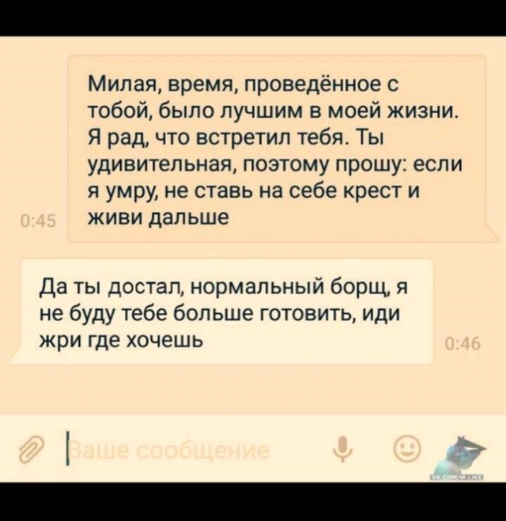 Милая время проведённое с тобой было лучшим в моей жизни Я рад что встретил тебя Ты удивительная поэтому прошу если я умру не ставь на себе крест и живи дальше Да ты достал нормальный борщ я не буду тебе больше готовить иди жри где хочешь