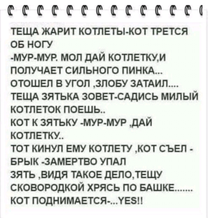 ФФФФФФФФФФФФФЧ ТЕЩА ЖАРИТ КОТЛЕТЫ КОТ ТРЕТСЯ ОБ НОГУ МУР МУР МОЛ ДАЙ КОТЛЕТКУМ ПОПУЧАЕТ СИЛЬНОГО ПИНКА ОТОШЕЛ В УГОЛ ЗЛОБУ 3АТАИЛ ТЕЩА ЗЯТЬКА ЗОВЕТСАДИСЬ МИЛЫЙ КОТЛЕТОК ПОЕШЬ КОТ К ЗЯТЬКУ МУРМУР ДАЙ КОТЛЕТКУ ТОТ КИНУП ЕМУ КОТЛЕТУ КОТ СЪЕЛ БРЫК ЗАМЕРТВО УПАЛ ЗЯТЪ ВИДЯ ТАКОЕ ДЕЛОТЕЩУ СКОВОРОДКОЙ ХРЯСЬ ПО БАШКЕ КОТ ПОДНИМАЕТСЯ ХЕБН