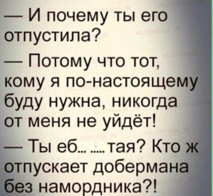 И почему ты его отпустила Потому что тот кому я по настояще буду нужна никогда _ от меня не уйдёт Ты еб тая Кто гпускает доберман намордника