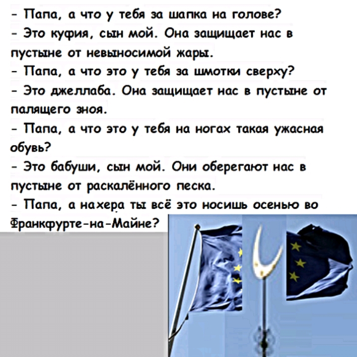 Папа а что у тебя за шапка на голове Это куфия сын мой Она заишщает нас в пустыне от невыносимой жары Папа а что это у тебя за шмотки сверху Это джеллаба Она защищает нас в пустыне от палящего зноя Папа а что это у тебя но ногах такая ужасная обувь Это бабуши сын мой Они оберегают нас в ПУСТШС ОТ РОСКЦЛЁННОГО песка ПСПО Ц нахера ТЫ всё ЭТО НОСИЩЬ ОСЕНЬЮ ВО Франкфурте иа Майне