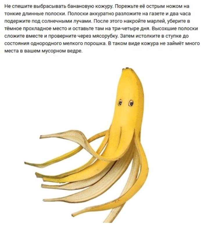 не спешите выбрасывать баиоионую кожуру Порежьте её острым по ОИКЮ МИЫЕ полоски 1110 разложите В газете И ДВЕ БСВ помоши под солнечными пучит после этого марлей уверяю в тёмное юоишшоос место и осты тнм ид три Астро дня Выоохшие полоски сложите мести пропритчврея мясорубку Зттопктвпутедо состояния однородного мелкого трешка в таком виде кожура не тик 1 иного шест ввапвеи мусорном ведре