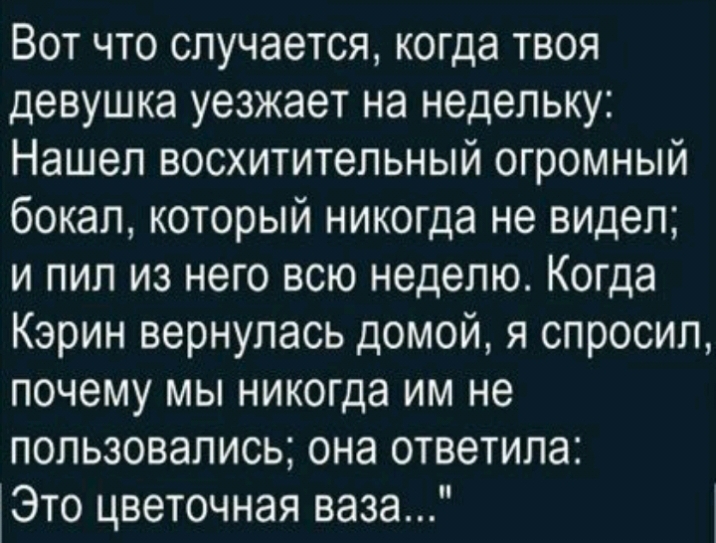 Вот что случается когда твоя девушка уезжает на недельку Нашел восхитительный огромный бокал который никогда не видел и пил из него всю неделю Когда Кэрин вернулась домой я спросил почему мы никогда им не пользовались она ответила Это цветочная ваза
