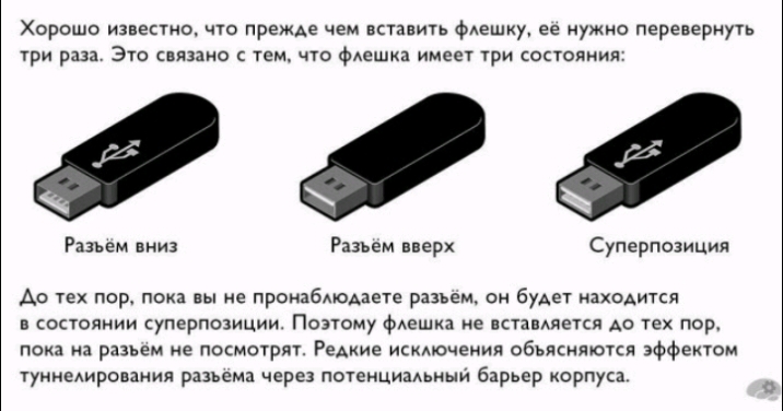 Хорошо известно чю прежде чем впавить ФАешку ее нужно перевернуть гри р Это о с тем что ФАешка имеет Ури состояния Разъем вниз Разъем вверх Суперпозиция Ао тех пор пока вы е пронабдюдаете разьем он буде находится в состоянии суперпозиции Полому фАешка не ктамяекя до уех пор разьем не посмотрят Редкие исидючеиия обьясняюты эффектом тумнедировцнил разьема через потенцимьный барьер корпуса