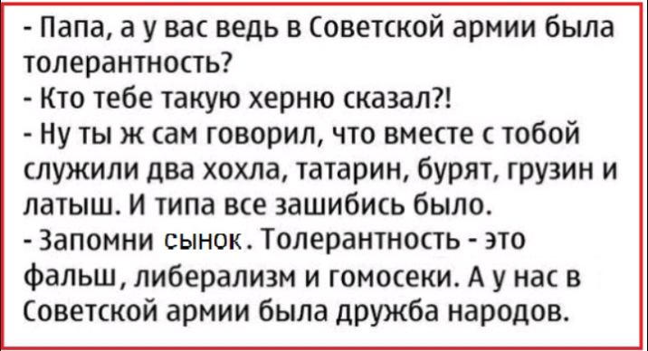 Папа а у вас ведь в Советской армии была толерантность Кто тебе такую херню сказал Ну ты ж сам говорил что вместе с тобой служили два хохла татарин бурят грузин и латыш И типа все зашибись было Запомни сынок Толерантность это фальш либерализм и гомосеки А у нас в Советской армии была дружба народов