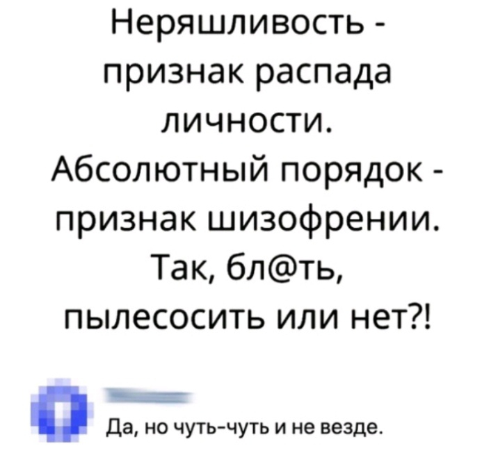 Неряшливость признак распада личности Абсолютный порядок признак шизофрении Так блть пылесосить или нет Да но чуть чуть и не везде