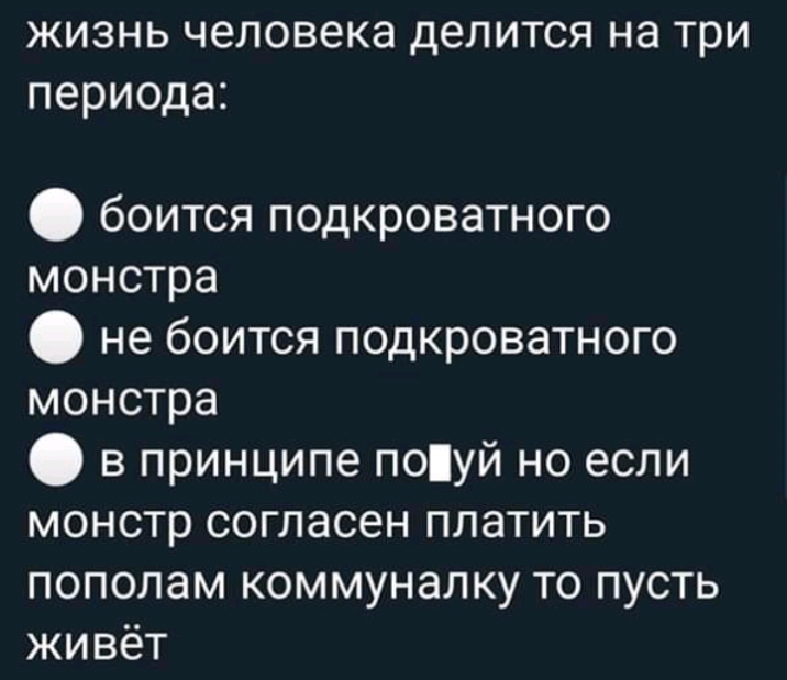 жизнь человека делится на три периода боится подкроватного монстра не боится подкроватного монстра в принципе поуй но если монстр согласен платить пополам коммуналку то пусть живёт