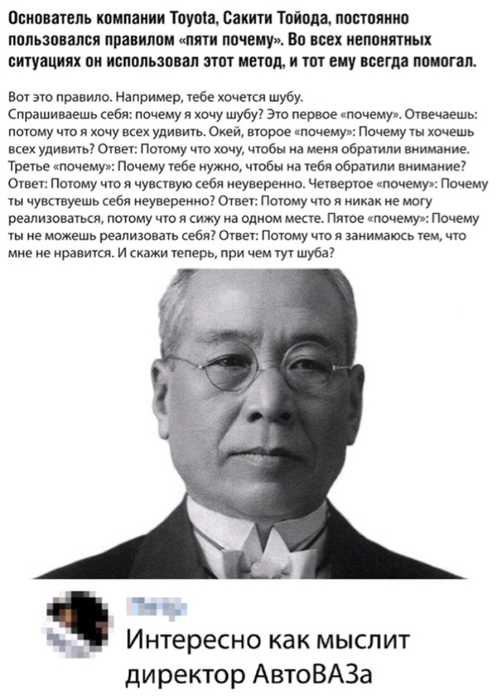 Основатель компании Тоуоіа Сакнтн Тойода постоянно пользовался правилом пяти почему Во всех непонятных ситуациях он использовал этот метод и тот ему всегда помогал Вот это правило Например тебе хочется шубу Спрашиваешь себя почему я хочу шубу Это первое почему Отвечаешь потому что я хочу всех удивить Окей второе почему Почему тьт хочешь всех удивить Ответ Потому что хочу чтобы на меня обратили вни
