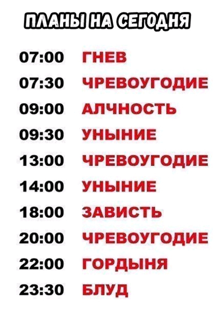 Щ 0700 0730 0900 0930 1 300 1 400 1 800 2000 2200 2330 ГНЕВ ЧРЕВОУГОДИЕ АЛЧНОСТЬ УН ЫНИЕ ЧРЕВОУГОДИЕ УН ЫНИЕ ЗАВИСТЬ ЧРЕВОУГОДИЕ ГОРДЫНЯ БЛУд