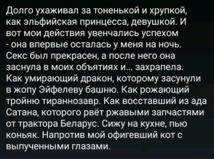 Долго ухаживал за тоненькой и хрупкой как эльфийская принцесса девушкой И вот мои действия увенчались успехом она впервые осталась у меня на ночь Секс был прекрасен а после него она заснула в моих объятиях и захрапела Как умирающий дракон которому засунули в жопу Эйфелеву башню Как рожающий тройню тираннозавр Как восставший из ада Сатана которого рвёт ржавыми запчастями от трактора Беларуст Сижу н