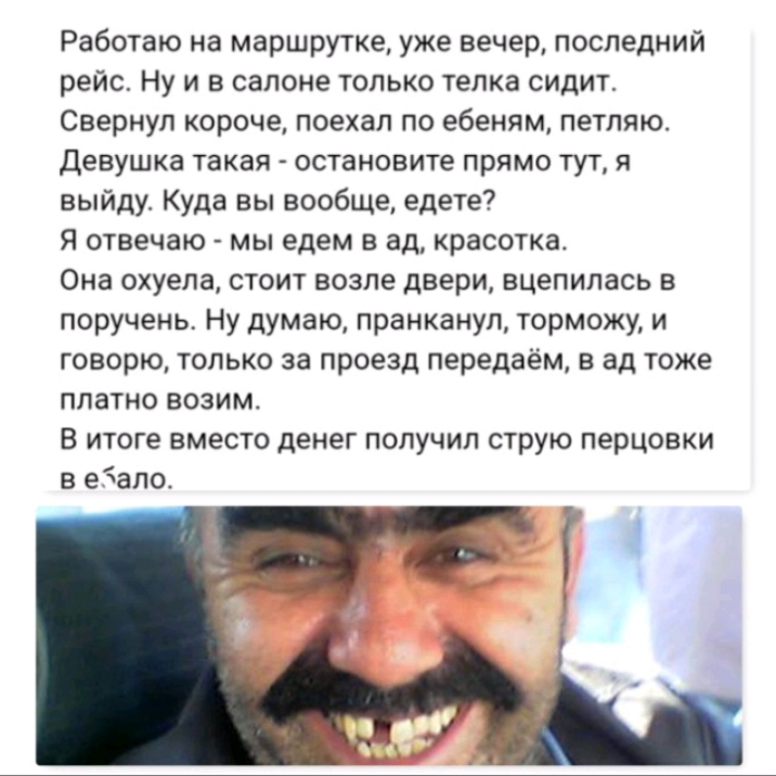 Работаю на маршрутке уже вечер последний рейс Ну и в салоне только телка сидит Свернул короче поехал по ебеням петляю Девушка такая остановите прямо тут я выйду Куда вы вообще едете Я отвечаю мы едем в ад красотка Она охуела стоит возле двери вцепилась в поручень Ну думаю пранканул торможу и говорю только за проезд передаём в ад тоже платно возим В итоге вместо денег получил струю перцовки в е_тап