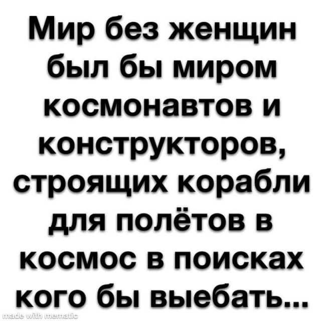 Мир без женщин был бы миром космонавтов и конструкторов строящих корабли для полётов в космос в поисках кого бы выебать