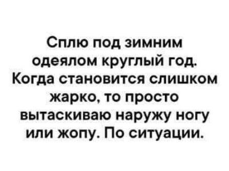 Сплю под зимним одеялом круглый год Когда становится слишком жарко то просто вытаскиваю наружу ногу или жопу По ситуации