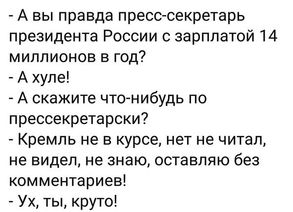 А вы правда пресссекретарь президента России с зарплатой 14 миллионов в год А хуле А скажите чтонибудь по прессекретарски Кремль не в курсе нет не читал не видел не знаю оставляю без комментариев Ух ты круто