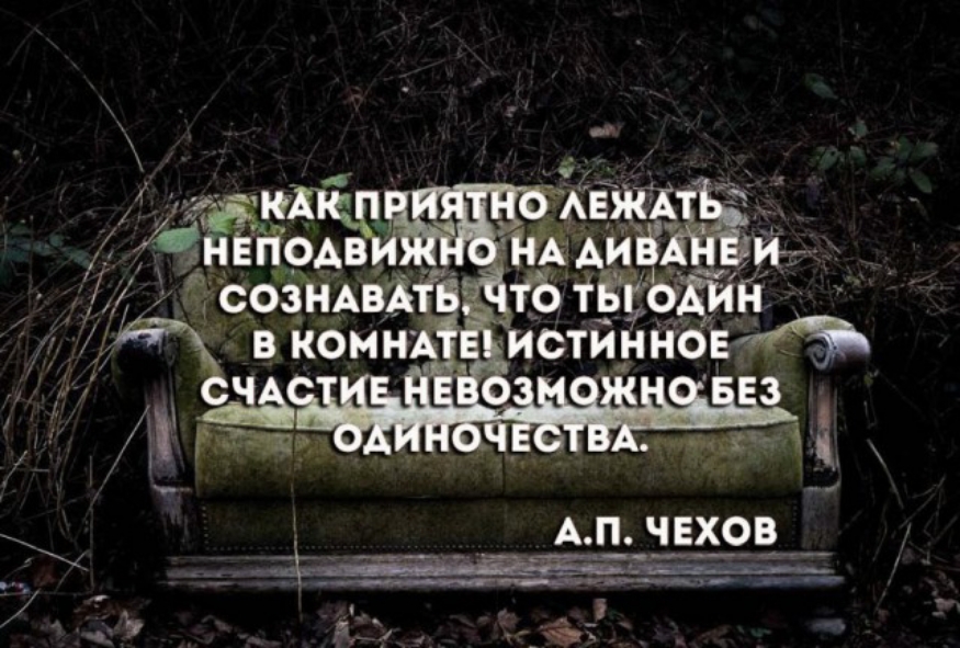 Сознавать. Истинное счастье невозможно без одиночества. Как приятно лежать неподвижно на диване и сознавать. Счастье невозможно без одиночества истинное невозможно.