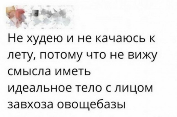 1 Не худею и не качаюсь к лету потому что не вижу смысла иметь идеальное тело с лицом завхоза овощебазы