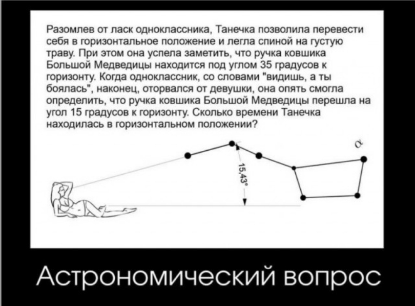 Разомлев от ласк одноклассника Танечка позволила перевести себя в горизонтальное положение и легла спинои на густую траву При этом она успела заметить что ручка ковшика Большой Медведицы находится под углом 35 градусов к горизонту Когда одноклассник со словами видишьу а ты боялась наконец оторвался от девушки она опять смогла определить что ручка коешика Большой Медведицы перешла на угол 15 градус