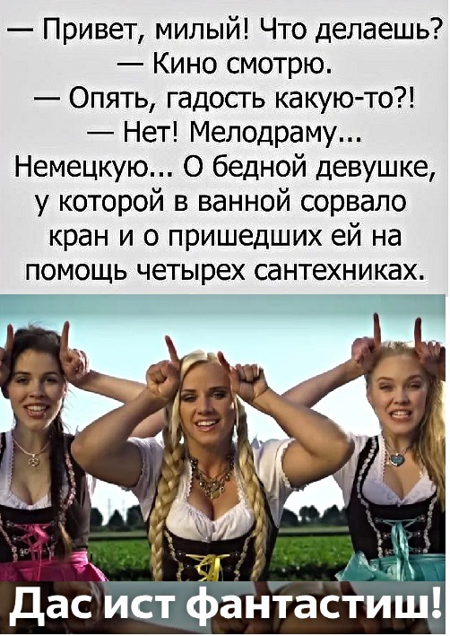 Привет милый Что делаешь Кино смотрю Опять гадость какуюто Нет Мелодраму Немецкую О бедной девушке у которой в ванной сорвало кран и о пришедших ей на помощь четырех сантехниках Дас ист фантастиш