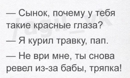 Сынок почему у тебя такие красные глаза Я курил травку пап Не ври мне ты снова ревел из за бабы тряпка