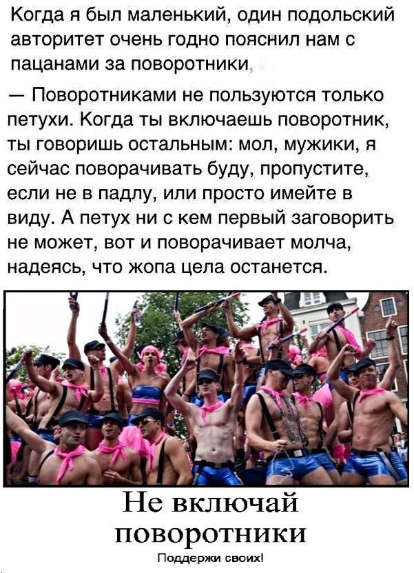 Когда я был маленький один подольский авторитет очень годно пояснил нам с пацанами за поворотники Поворотниками не пользуются только петухи Когда ты включаешь поворотник ты говоришь остальным мол мужики я сейчас поворачивать буду пропустите если не в падлу или просто имейте в виду А петух ни с кем первый заговорить не может вот и поворачивает молча надеясь что жопа цела останется Не включай поворо